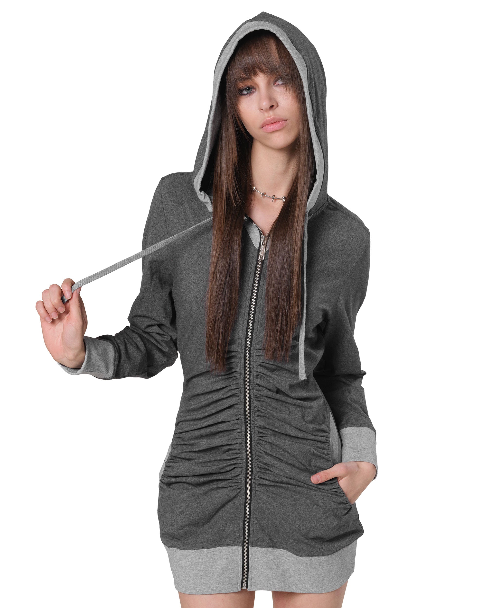 ruched hoodie dress ZAFUL Women's Sexy Daily Hooded Drop Shoulder Long Sleeve Drawstring Cinched Ruched Solid Color Mini Bodycon Hoodie Dress In LIGHT COFFEE