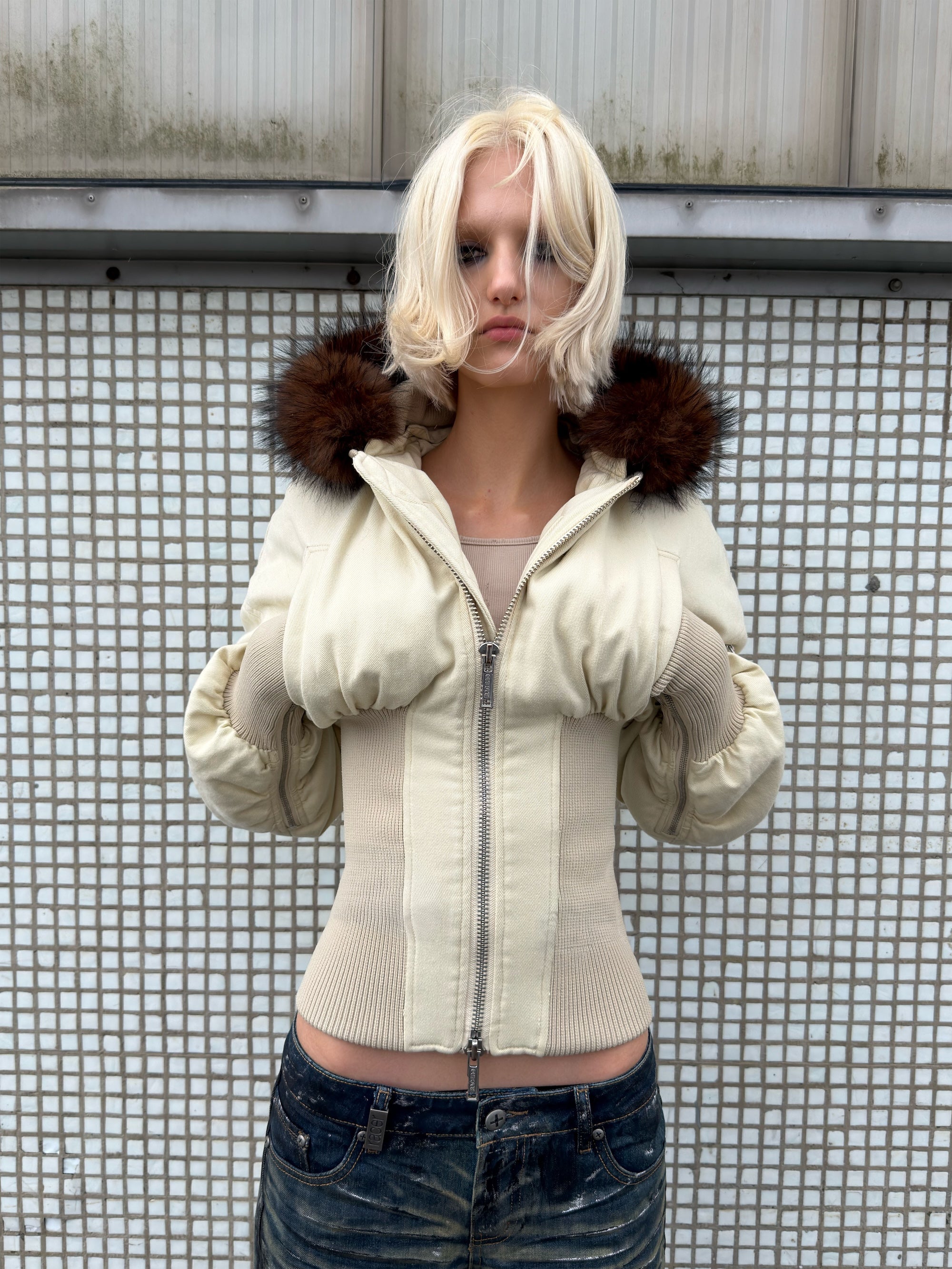Beige Fitted Fur Bomber – Racer Worldwide