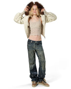 Beige Fitted Fur Bomber