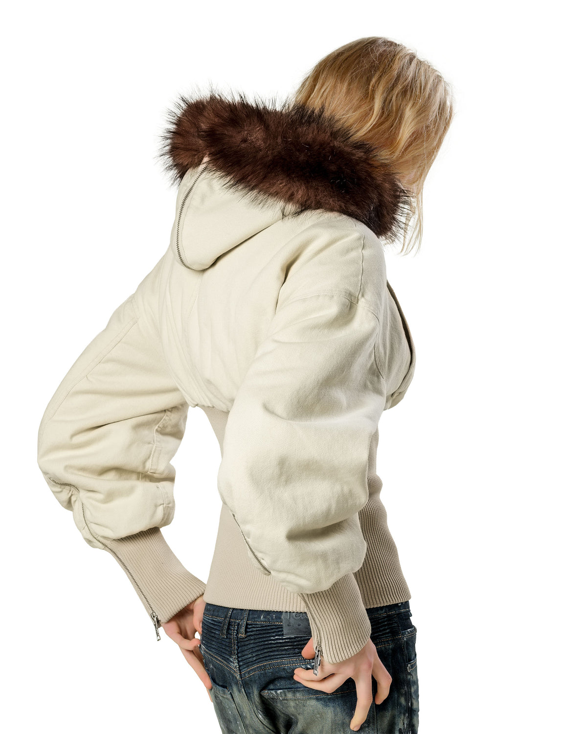 Beige Fitted Fur Bomber
