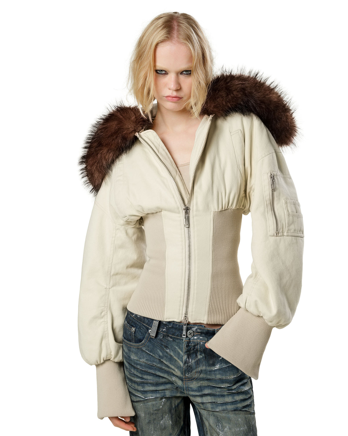 Beige Fitted Fur Bomber
