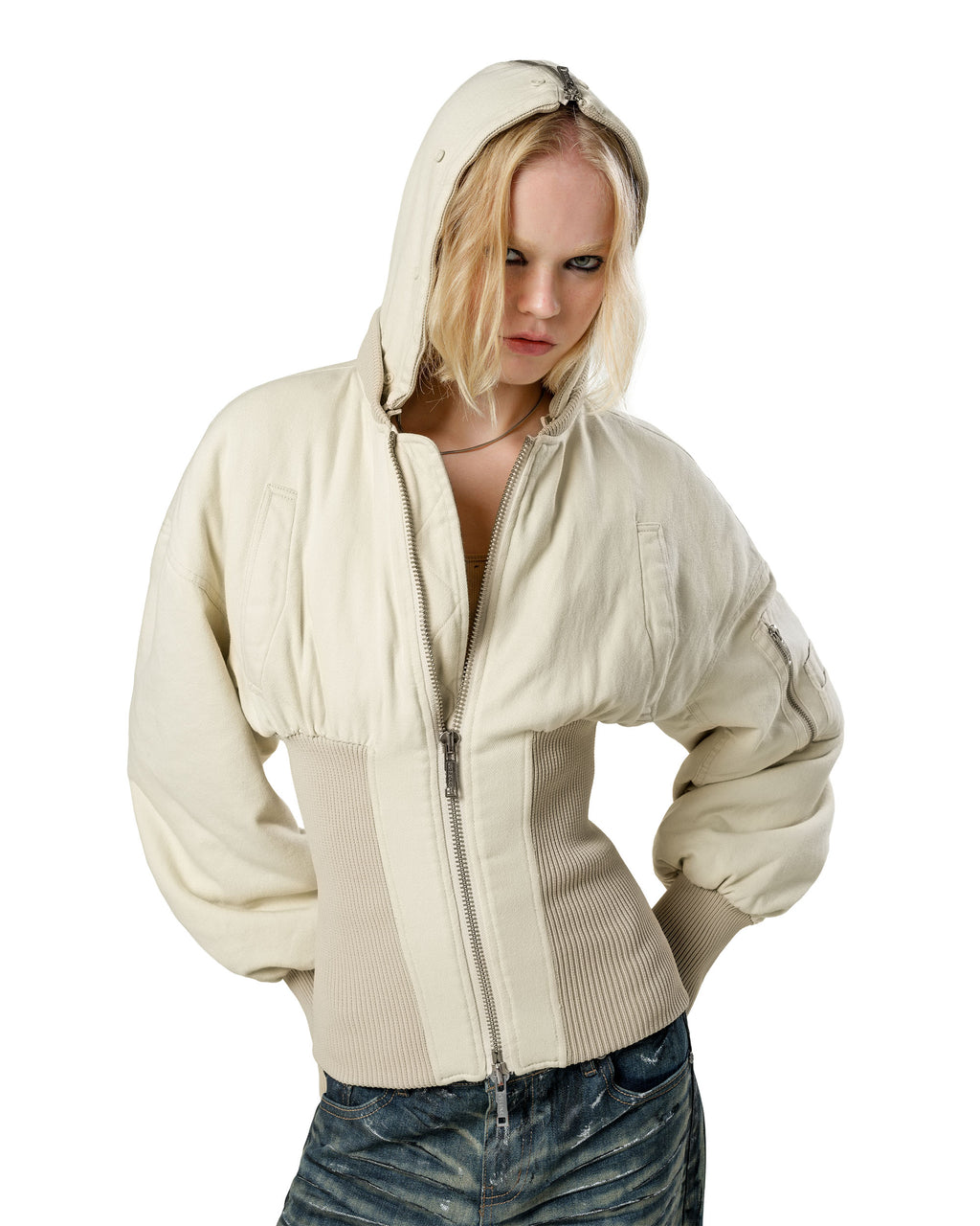 Beige Fitted Fur Bomber