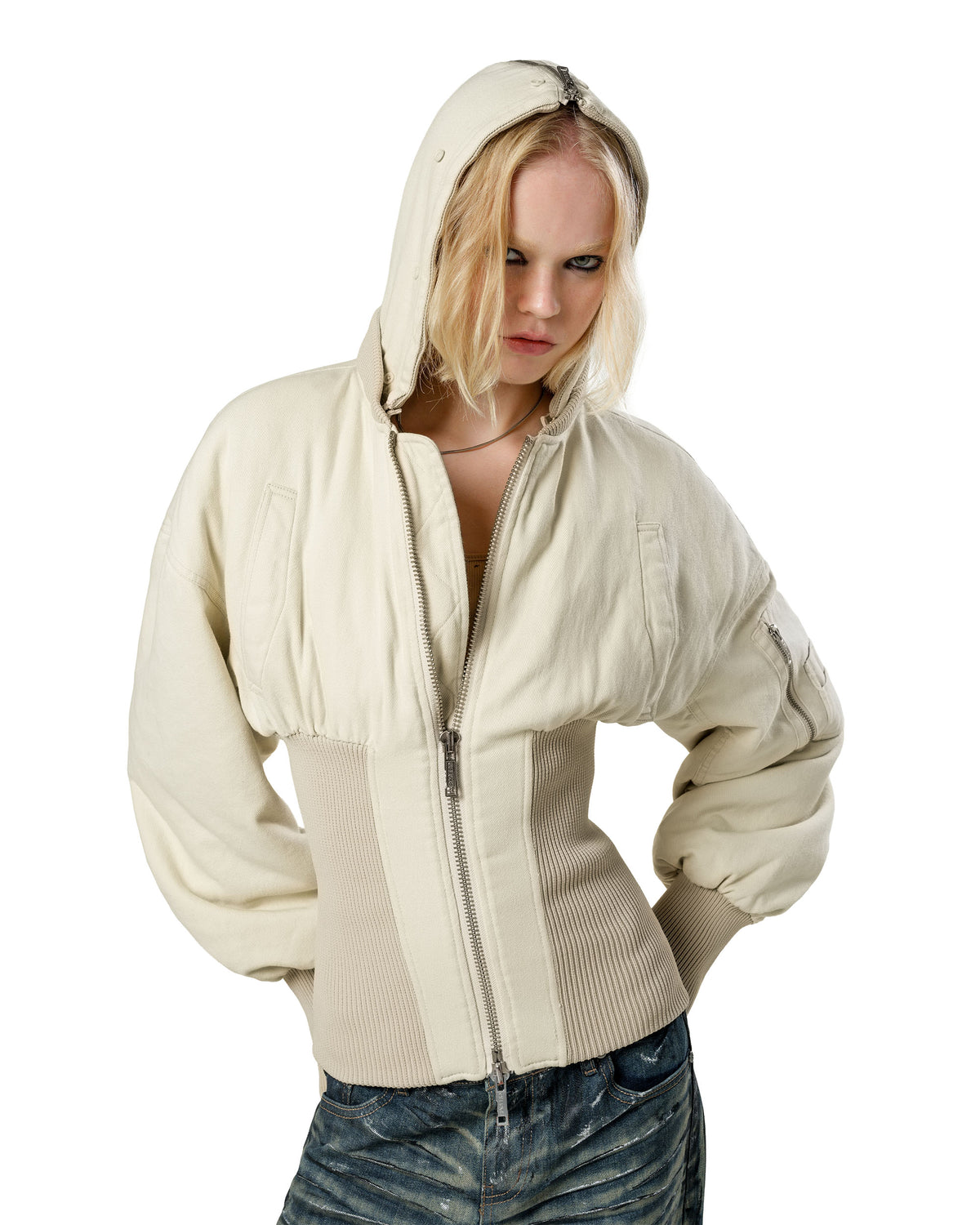 Beige Fitted Fur Bomber