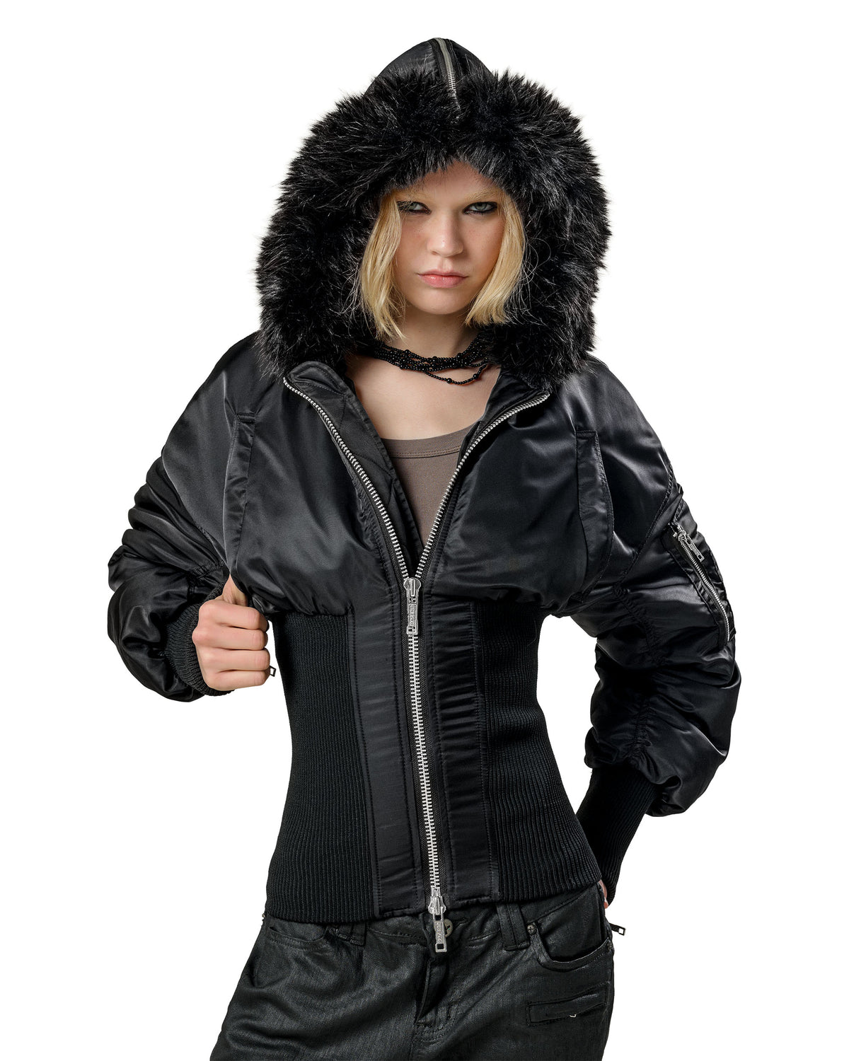 Black Fitted Fur Bomber