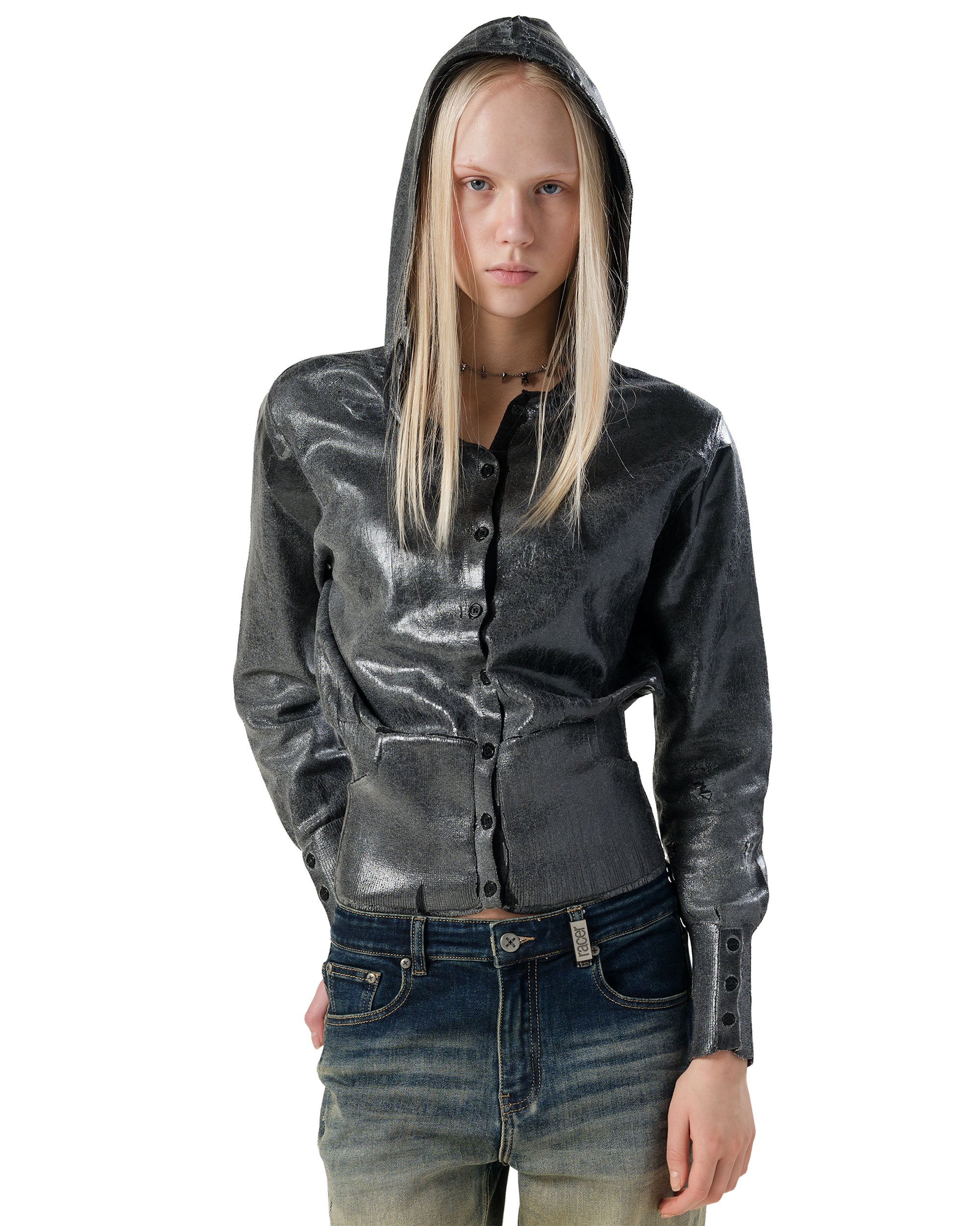 Coated Fitted Knit Hoodie