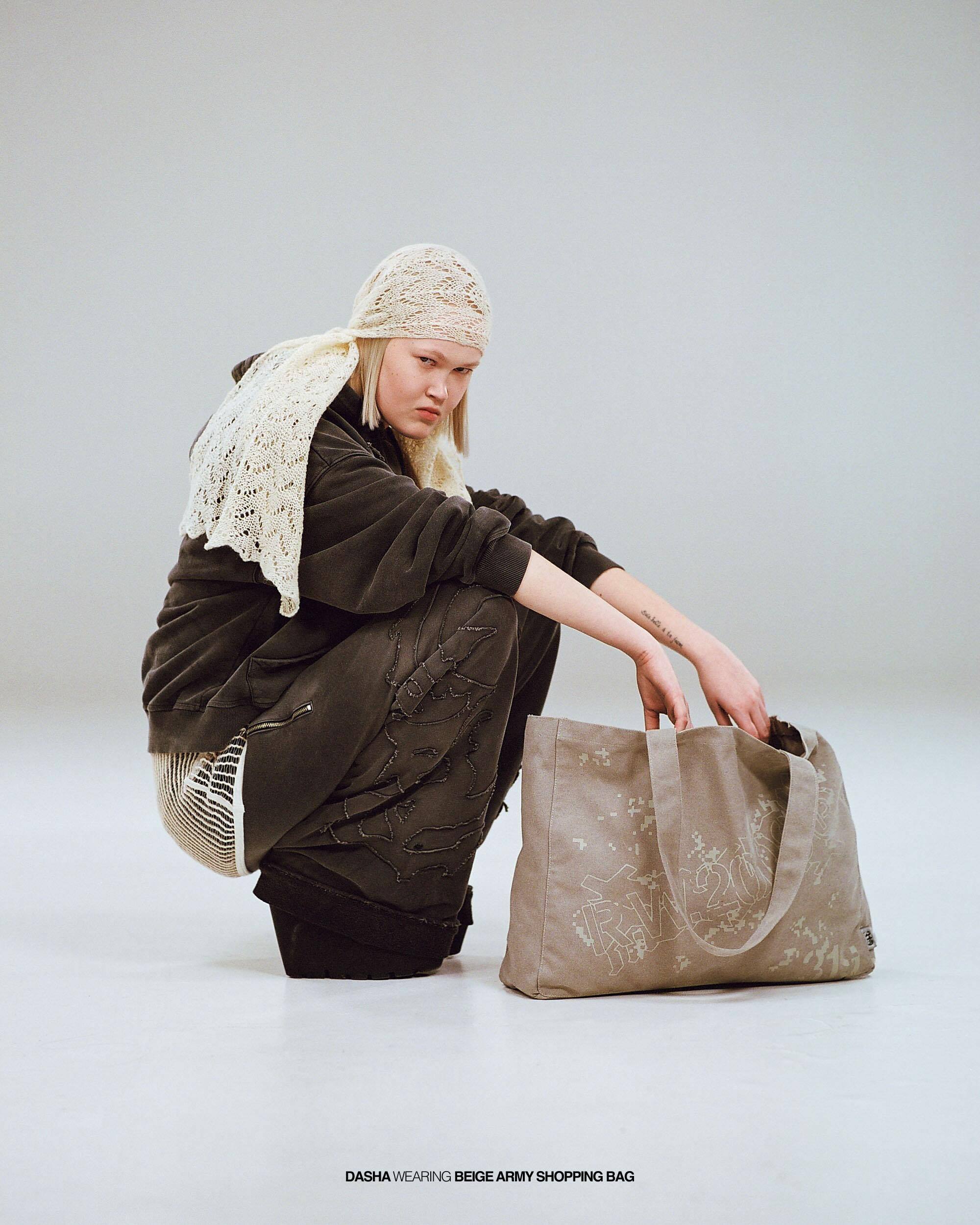 Big size／side gather bag／beige Beige Army Shopping Bag – Racer Worldwide